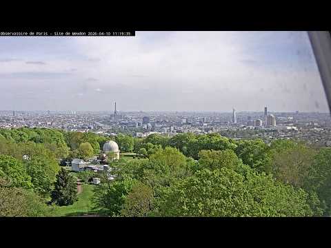 Live panoramic view of Paris skyline with Eiffel Tower and Seine River in Ile De France