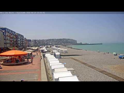 Live webcam view of Mers-les-Bains Beach and colorful beach huts in Hauts-de-France, France