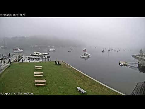 Live view of Rockport Harbor Maine with boats and coastal scenery