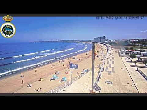 Live webcam view of Playa de Salinas East beach in Asturias, Spain with ocean and sand