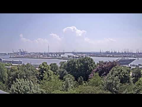 Live view of Hamburg Hafen harbor with ships and waterfront in Germany