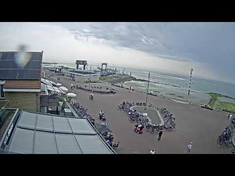 Hotel Zeezicht Vlieland live webcam showing Oost Vlieland harbor and ferry in the Netherlands