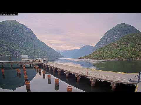 Live view of Geirangerfjord cruise port and fjord landscape in Hellesylt Norway