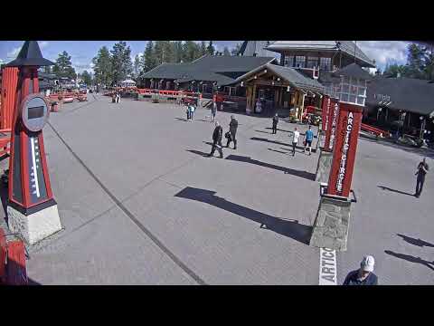 Santa Claus Village live view with snowy landscape and festive decorations in Rovaniemi, Finland