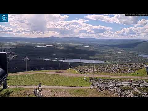 Panoramic view of snow-covered slopes at Levi Ski Resort live webcam in Finland