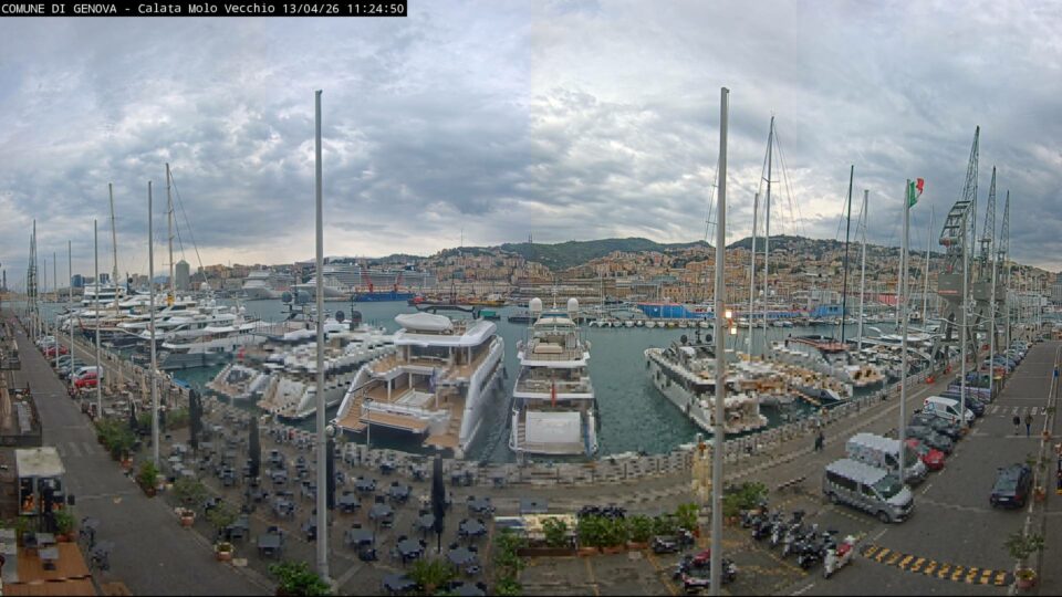 Live webcam view of Genoa Calata Molo Vecchio historic pier and Porto Antico harbor in Italy